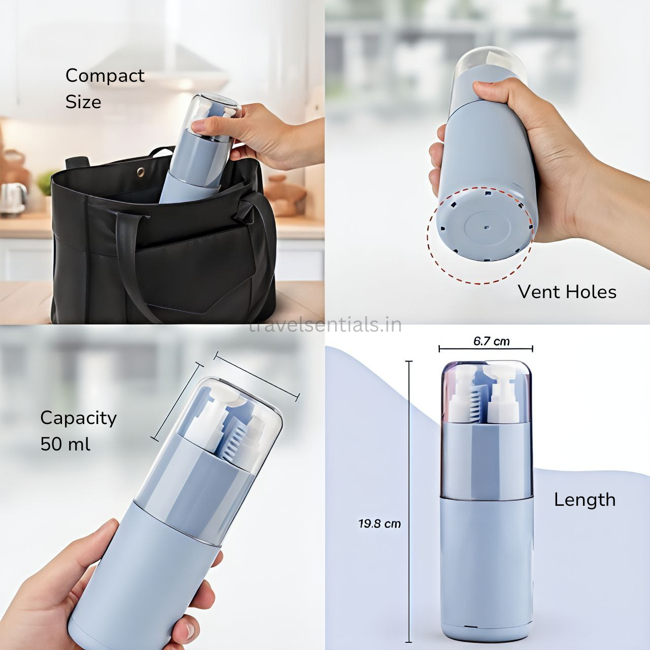 Collage of a small travelsentials smart travel kit with measurements and features, including vent holes and capacity.