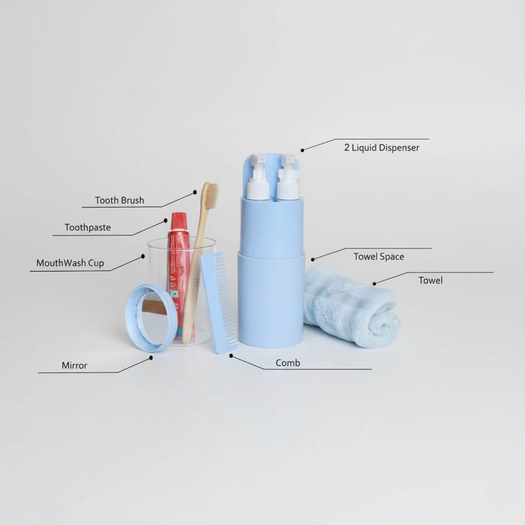 Demonstration of full set of travelsentials smart travel kit including a toothbrush, toothpaste, mouthwash cup, mirror, comb, towel, and liquid dispensers on a light gray background.