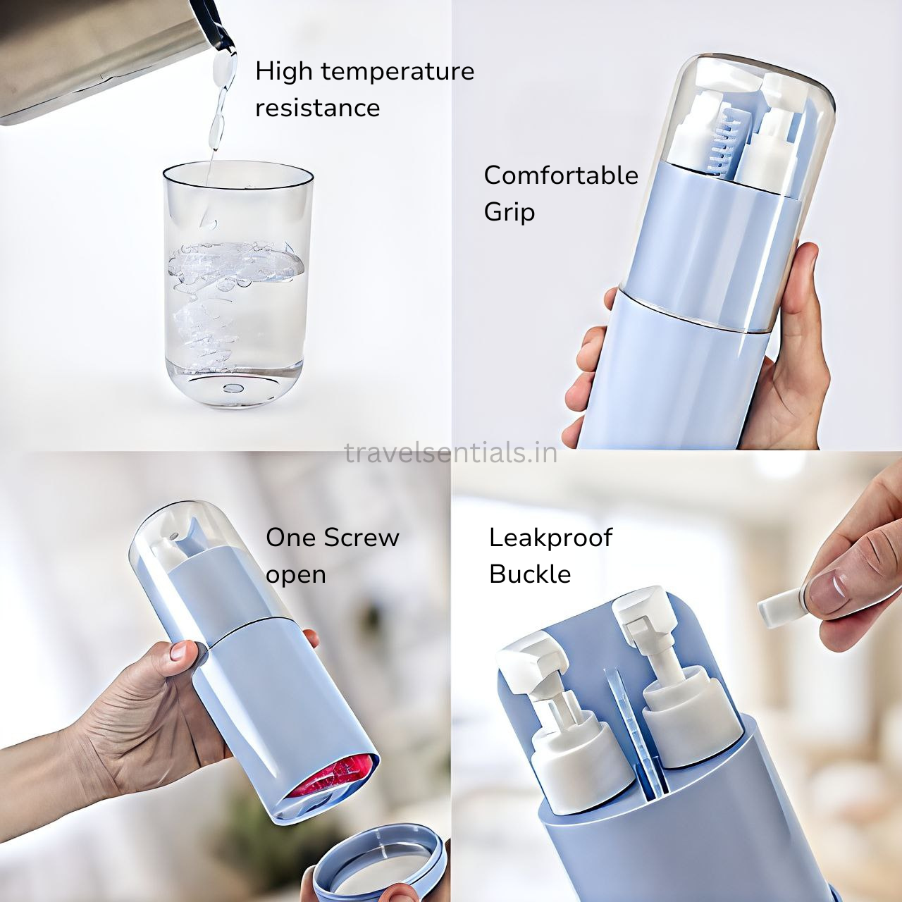 Collage of a travelsentials smart travel kit with features highlighted on a white background.