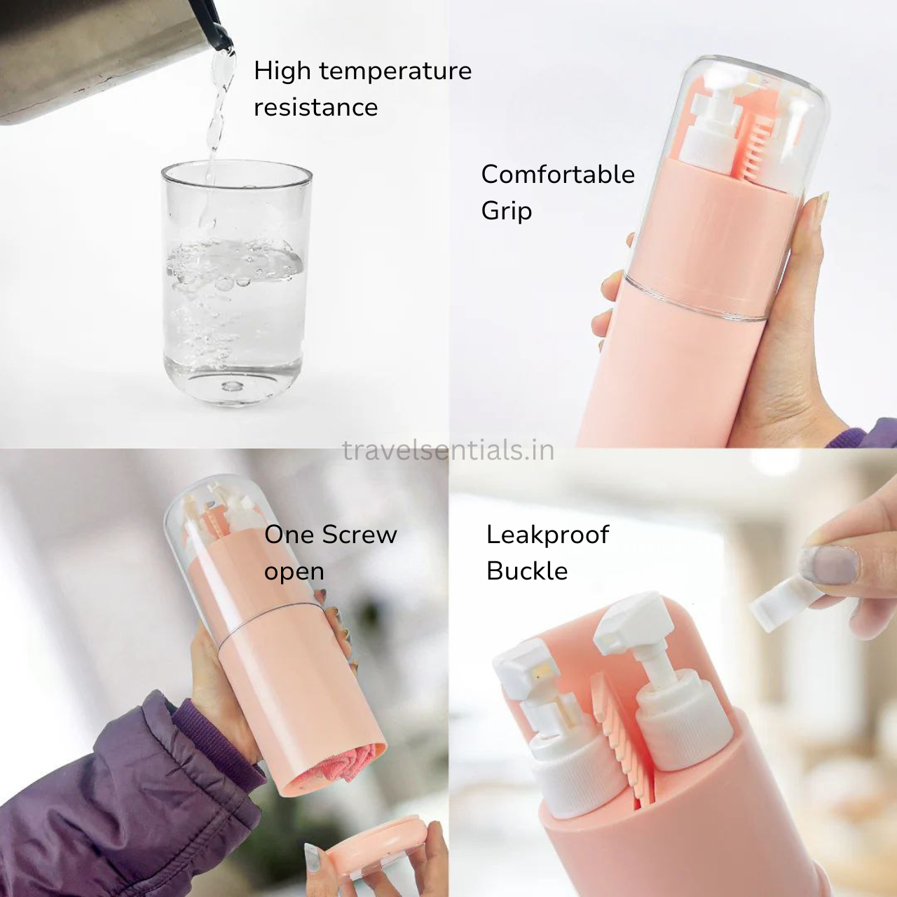 Collage of a pink travelsentials smart travel kit with features highlighted on a white background.