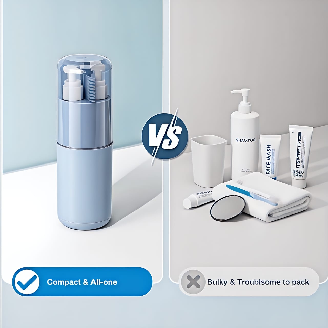 Comparison of a compact travelsentials smart travel kit versus a bulky set of toiletries on a light blue and gray background.