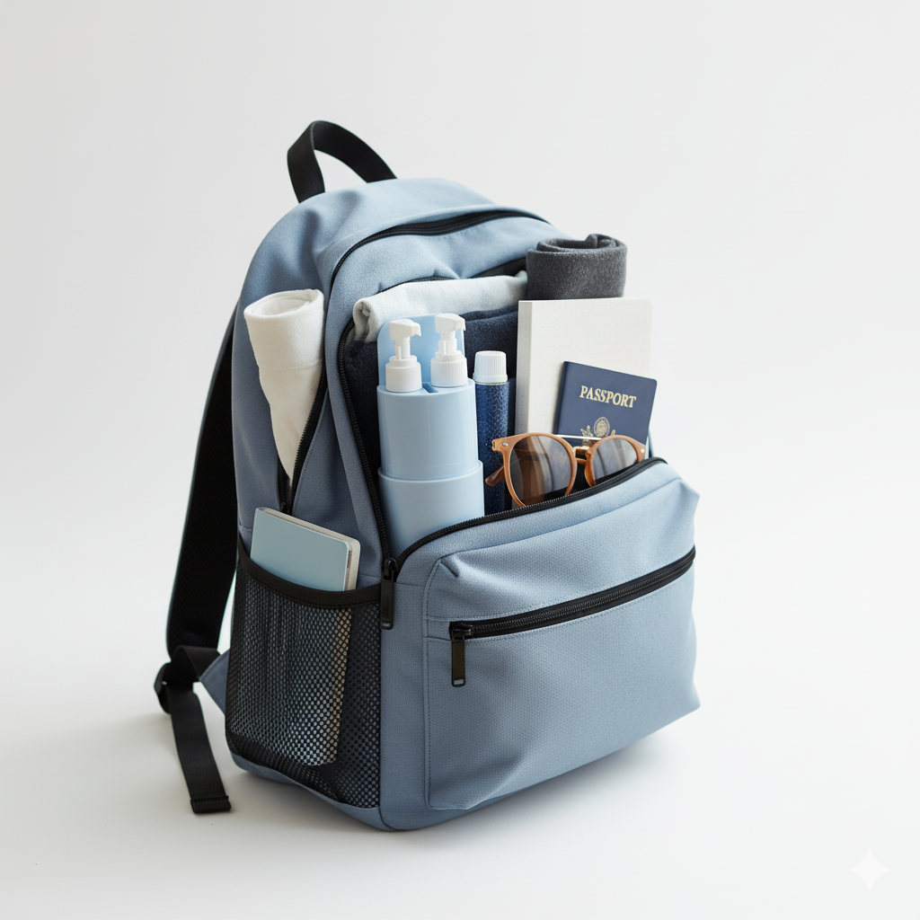 Light blue backpack with various items including travelsentials 6 in 1 smart travel kit on a light gray background