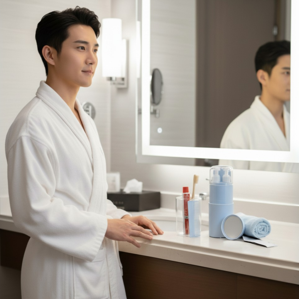 Man in a white robe standing in front of a bathroom mirror with travelsentials smart travel kit on the counter.