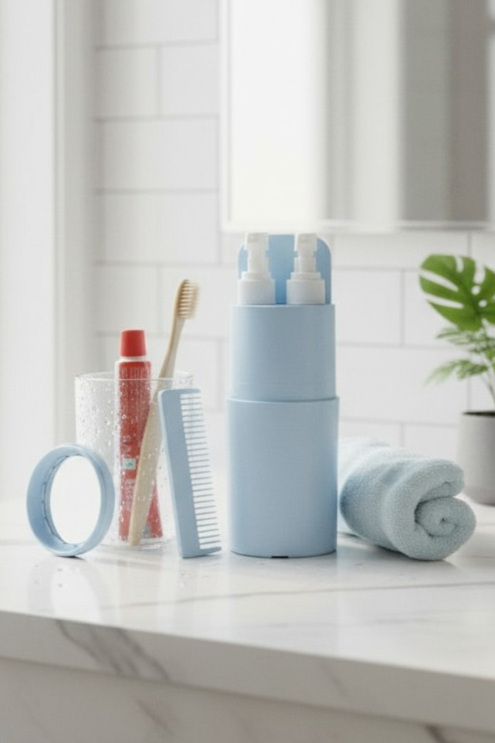 Bathroom counter with a  travelsentials smart travel kit including a blue container, brush, comb, and towel.